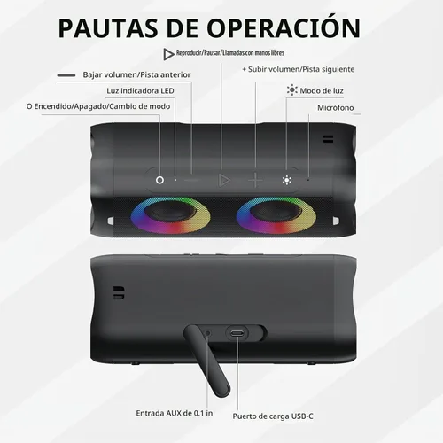 Vista 7 de DONOW Altavoz Bluetooth portátil 30W sonido estéreo, aumento de graves Negro