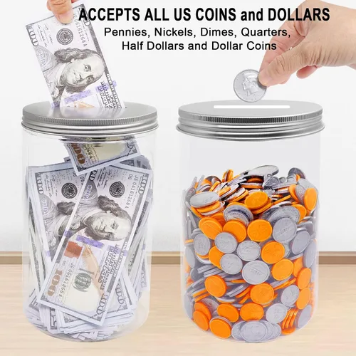 Vista 3 de Tarro grande para monedas, paquete de 2 unidades, de plástico transparente grande, para monedas de dinero con tapa ranurada plateada, monedas