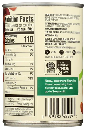 Vista 2 de 365 by Whole Foods Market, Frijoles orgánicos estables para estantes, trío de frijoles (una mezcla de riñón orgánico, pinto y frijoles negros), 15