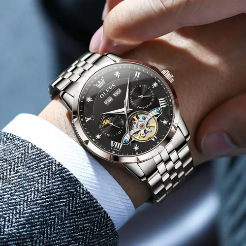 Vista 2 de OLEVS Relojes automáticos para hombre, cuerda automática, de lujo, de acero inoxidable, impermeable, relojes de pulsera para hombres