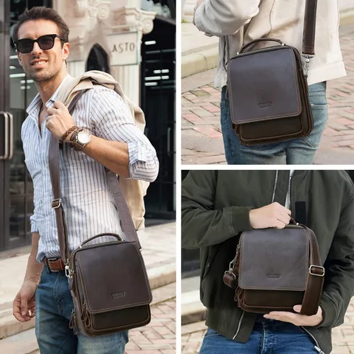 Vista 2 de CONTACTS Bolso de mensajero de cuero de grano completo para hombre, bolso de hombro cruzado, bolso de viaje para iPad de 10.5 pulgadas (marrón)