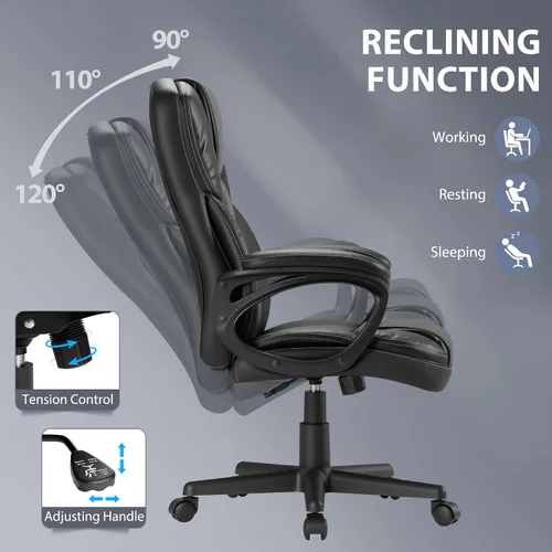 Vista 6 de Shahoo Silla de oficina ergonómica ajustable ejecutiva con reposabrazos abatibles, silla giratoria de piel sintética para computadora en casa Negro