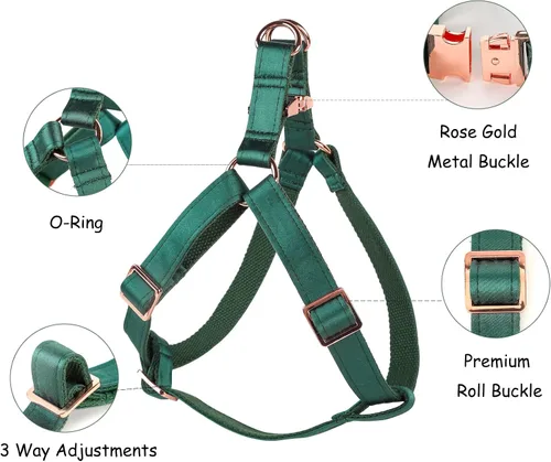 Vista 2 de Lionet Paws Arnés para perro, arnés de nailon de seda ajustable sin tirones con hebilla de metal para perros pequeños, fácil caminar, verde oscuro