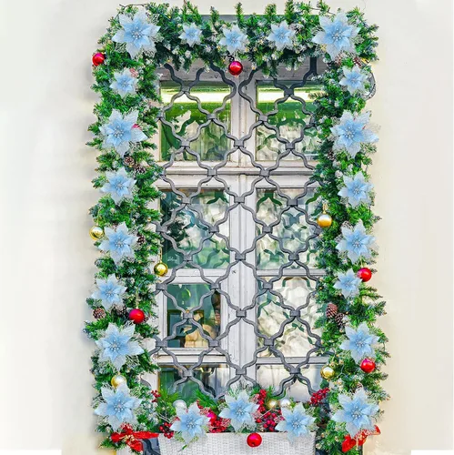 Vista 6 de Geosar 36 flores de Pascua de Navidad de 3 tamaños, 3, 4, 6 pulgadas, decoraciones de árbol de flores sintéticas con purpurina, adornos de Pascua