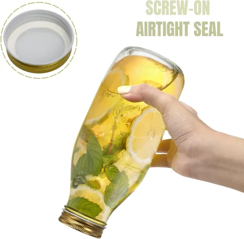 Vista 4 de ZOOFOX Paquete de 4 botellas de leche de vidrio de 32 onzas con tapas, recipiente de leche vintage para refrigerador, botellas de jugo de vidrio