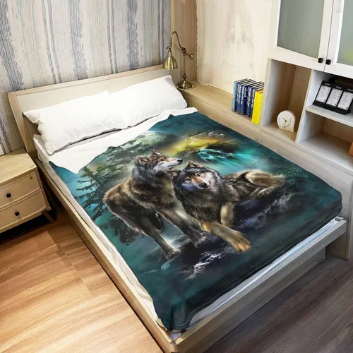 Vista 3 de HommomH Manta de forro polar suave y esponjosa de 40"x50" para sofá cama Luna Lobo Verde