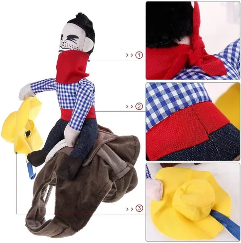 Vista 3 de iSmarten Disfraz de mascota para perro, traje para mascotas, traje de vaquero estilo jinete con muñeca y sombrero, disfraz para mascotas (S)