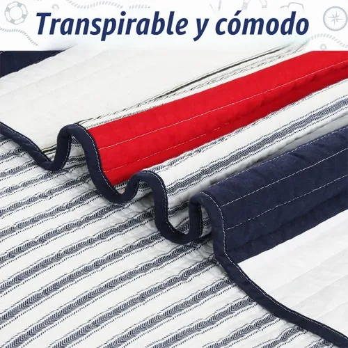 Vista 5 de Cozy Line Home Fashions Juego de ropa de cama acolchado reversible de 100% algodón con rayas azul marino y rojas, estrella patriótica para niño