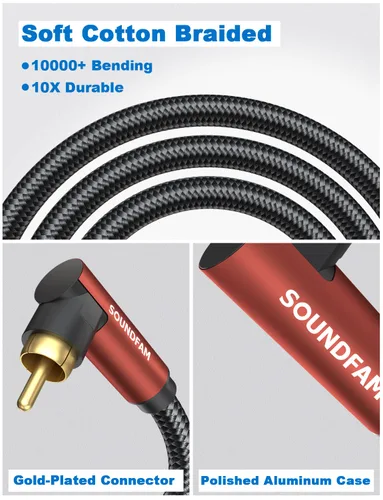 Vista 5 de Cable RCA de 90 Grados con Ángulo Recto para Subwoofer, Chapado en Oro de 24K, Doble Apantallado - 1M/3.3ft
