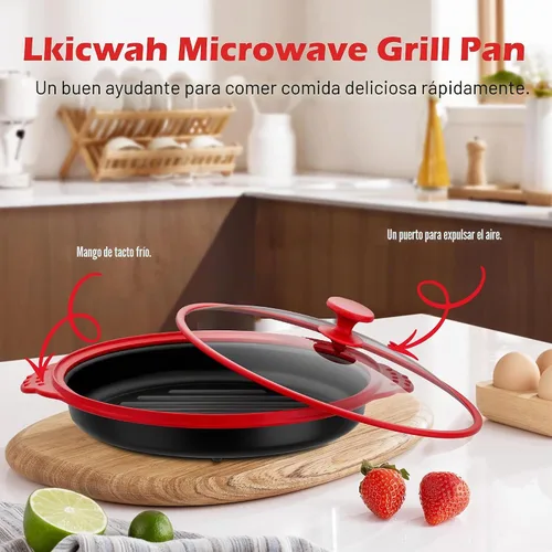 Vista 9 de Sartén parrilla para microondas con tapa de vidrio, parrillera y sartén crujiente para microondas para asar, freír, dorar y hacer crujiente