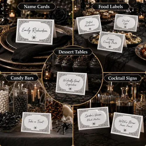 Vista 5 de Andaz Press Tarjetas de lugar con nombre de Halloween para colocar la mesa, etiquetas de alimentos en blanco para tarjetas de bufé de fiesta