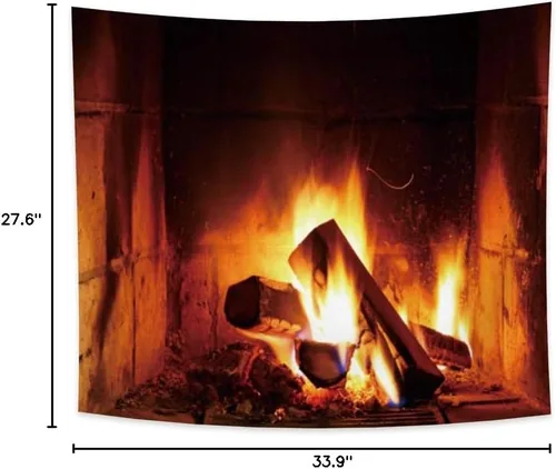 Vista 5 de Haoyiyi Tapiz de fuego ardiente de 33.9 x 27.6 pulgadas, chimenea de madera de Navidad, ladrillo brillante, para colgar en la pared, vintage