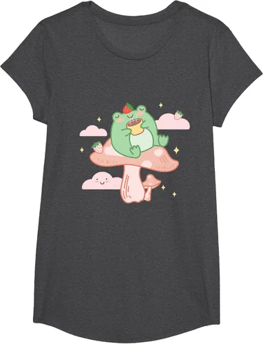 Vista 38 de Kawaii Strawberry Frog On Mushroom - Camiseta de manga corta de anime, Azul / Patchwork, S Azul Pastel