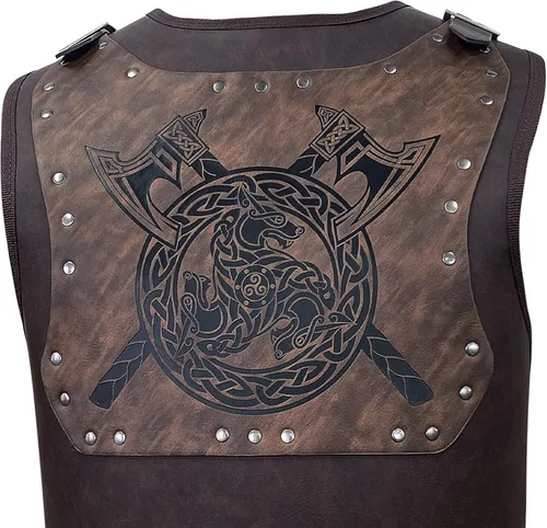 Vista 5 de Chaleco de cuero vikingo, armadura de guerrero, hombro, piel sintética, medieval, vikingo, placa de pecho LARP, fiesta de Halloween
