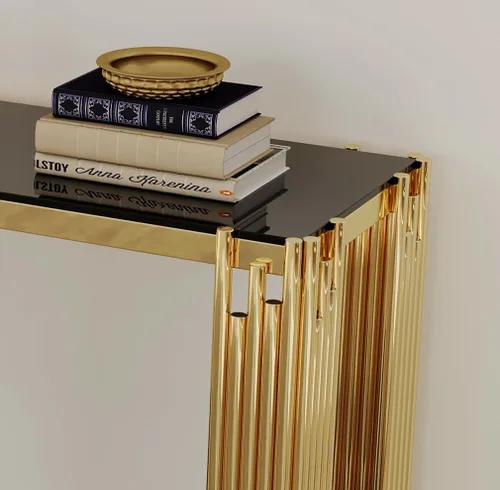 Vista 6 de SSLine Mesa consola moderna de lujo, mesa rectangular de cristal para entrada de pasillo, sala de estar, almacenamiento de 2 niveles, diseño