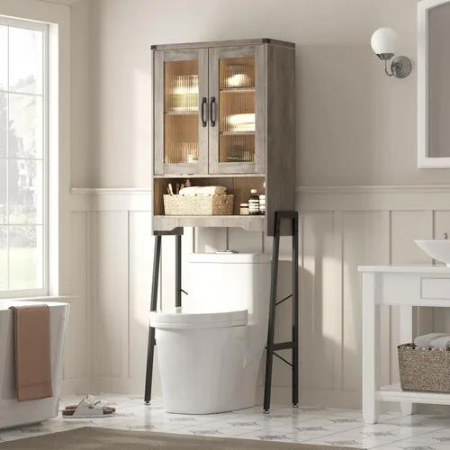Vista 12 de Gabinete de almacenamiento sobre el inodoro con puertas estilo granja y estante ajustable, organizador de baño alto con soporte de metal que ahorra