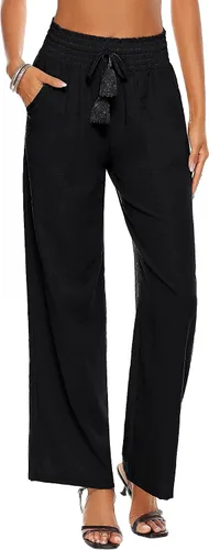 Vista 2 de Micoson Pantalones de lino de algodón para mujer con cordón elástico en la cintura y bolsillos laterales de talle alto pantalones sueltos casuales