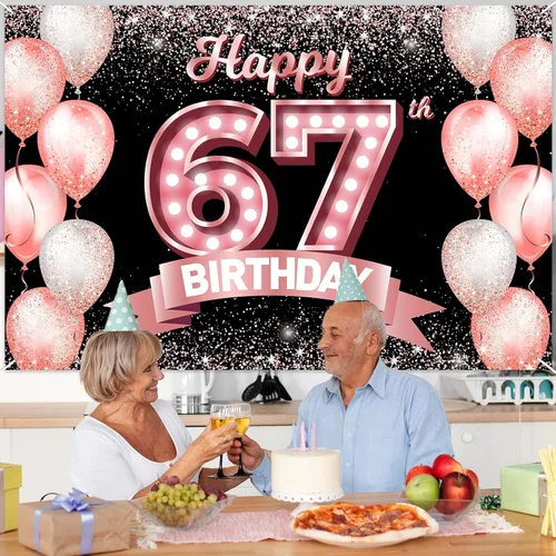 Vista 197 de Cartel de feliz cumpleaños décimo oro rosa, telón de fondo, saludos a 10 años, globos de confeti, decoración temática para niñas de 10 años