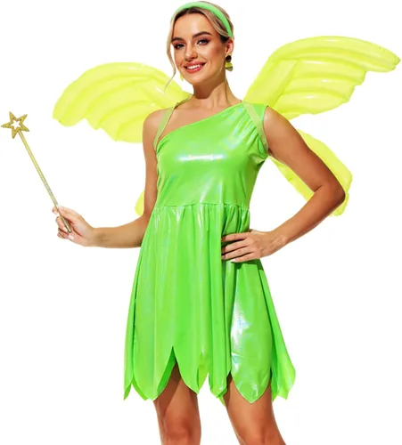 Vista 2 de AOBUTE Disfraz de Halloween de Peter Pan para mujer, disfraz brillante de Campana Tinker, disfraz para adultos y familia Cosplay
