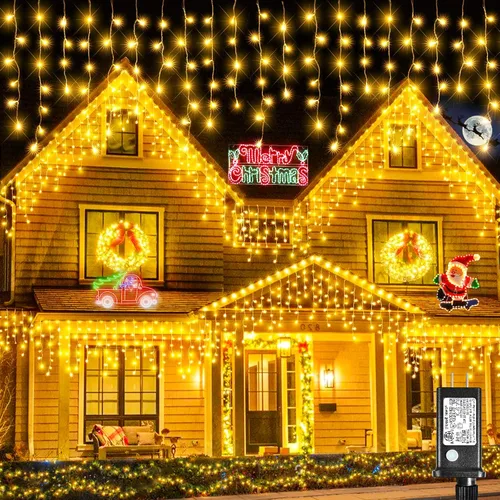Vista 17 de Luces de carámbano para exteriores, 16.5 pies, 200 luces LED de Navidad para exteriores, impermeables, 8 modos de enchufe, cortina de luz conectable