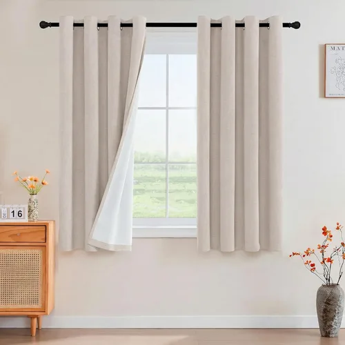 Vista 19 de Cortinas con textura de lino 100% opacas de 64 pulgadas de largo, juego de 2 paneles de cortinas de lino opacas con forro aislante térmico que Arena