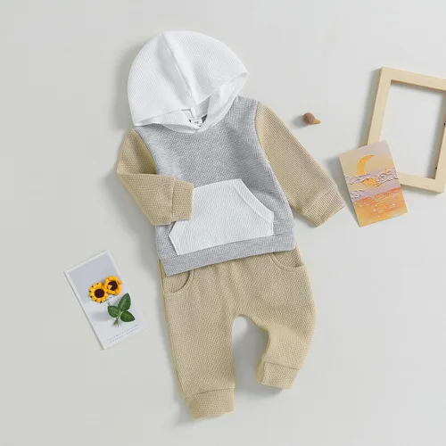 Vista 4 de Ropa para bebé niño pequeño, sudadera con capucha y bloques de color, 2 piezas, sudadera para otoño e invierno