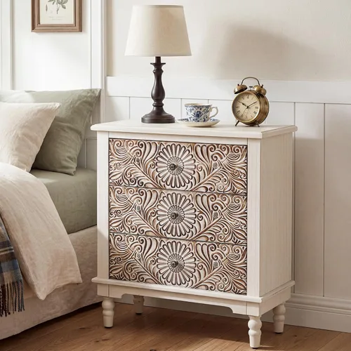 Vista 15 de HOMPUS - Mesa de noche blanca con cajón y almacenamiento, mesa de noche con motivo floral completamente ensamblada para espacios pequeños, mesa