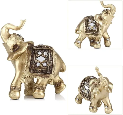 Vista 8 de Elegante estatua dorada de elefante, escultura respetuosa con el medio ambiente, fortuna para regalos de decoración del hogar (9 x 9)