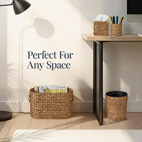 Vista 5 de Best Choice Products 6PC Bathroom Accessories Set, Vanity Trays, qtip Canister, Square Tissue Box Cover, Small Wicker Trash Can, Toilet Paper