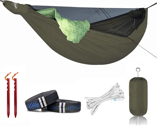 Vista 9 de Onewind Hamaca de Acampar de 11 pies con Mosquitera y Línea de Cresta Ajustable, Hamaca Doble Portátil Ligera con Correas para Árboles y Red