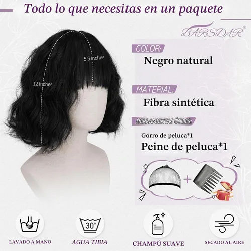 Vista 2 de BARSDAR - Peluca corta ondulada negra con flequillo, pelucas sintéticas Negro