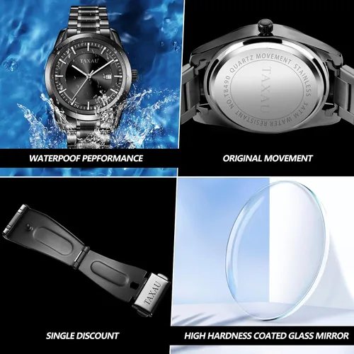 Vista 5 de Taxau Reloj minimalista para hombre, reloj de cuarzo de acero inoxidable para hombre con fecha, reloj clásico de cara grande impermeable para hombre