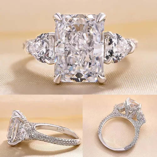 Vista 2 de Anillo de promesa de corte radiante para mujer, anillos de compromiso para ella, anillo de plata chapada en oro blanco de 18 quilates