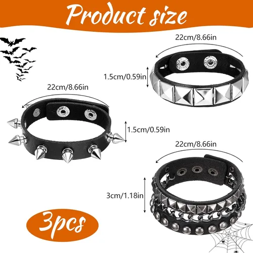 Vista 2 de Pulseras de cuero punk rock de Giantree, 3 piezas, pulseras tachonadas punk rock, brazalete de cuero con pinchos para hombres y mujeres, pulsera