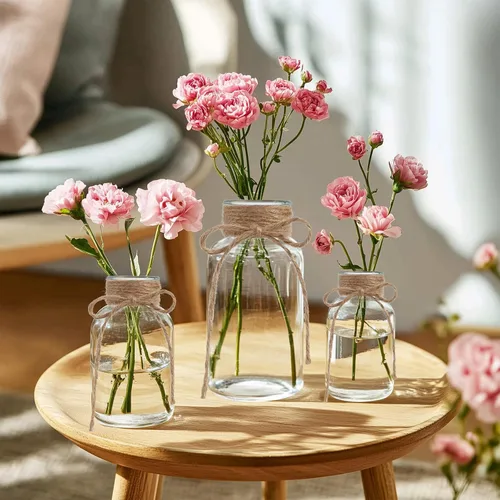 Vista 7 de Jarrones de vidrio vintage para flores, juego de 3 jarrones transparentes para centro de mesa de boda estilo granja, botella cilíndrica