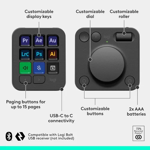 Vista 7 de Logitech MX Creative Console, 9 teclas LCD personalizables, accesorios Stream Deck, dial de control para diseño gráfico, Adobe, Zoom, Spotify