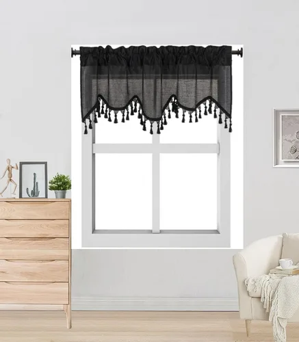 Vista 2 de Cenefa de cortina de ventana de cascada de seda sintética sólida con flecos de 55 x 18 pulgadas, ondulado (1, negro)