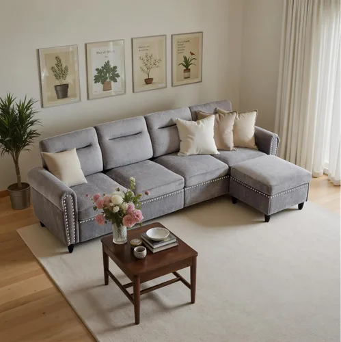 Vista 4 de Sofá modular en forma de L gris con otomana móvil para sala de estar, 106