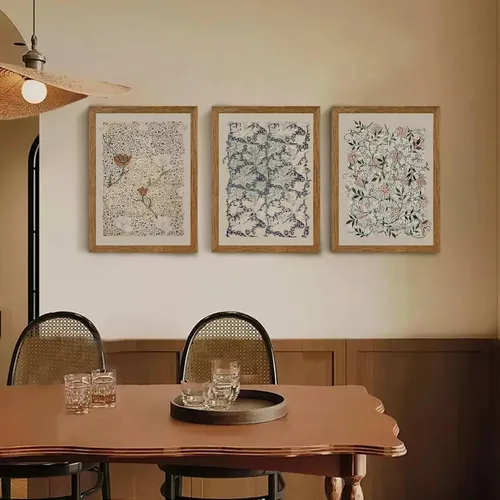 Vista 2 de Krtoni 3 piezas de arte de pared vintage enmarcadas de William Morris, impresiones de lienzo floral abstracto neutro, rústico, bohemio, flores