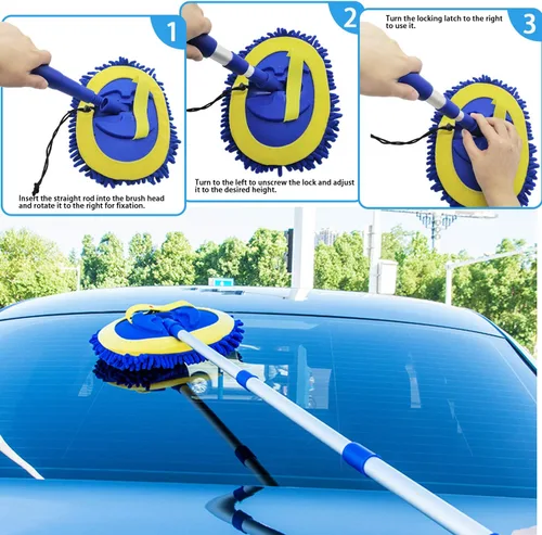 Vista 2 de Guante de microfibra 2 en 1 para lavado de autos con mango largo de aleación de aluminio de 45", kit de limpieza de coche de chenilla con cepillo