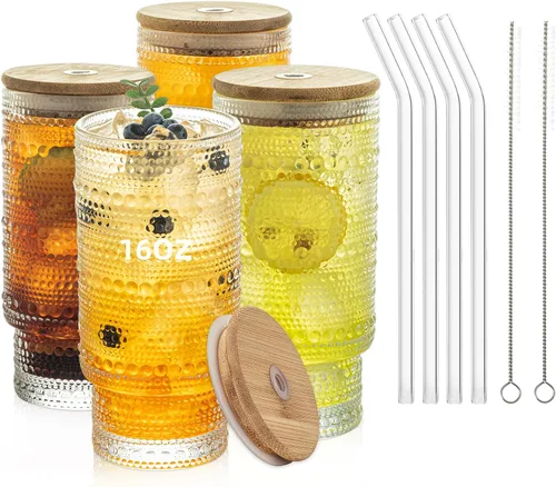 Vista 11 de KEMORELA - Juego de vasos elegantes de alta copa - Vasos XL de 16 oz - Bebidas mixtas, café helado, cerveza, jugo, agua - Diseños de nudos y cuentas