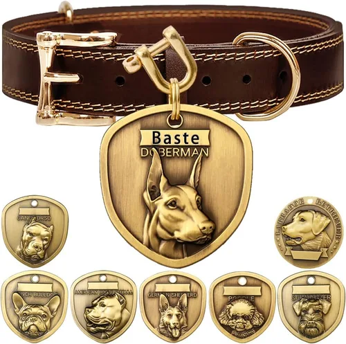 Vista 18 de Collar de cuero auténtico para perro + Juego de etiqueta para perro bulldog con relieve 3D (XS-S)