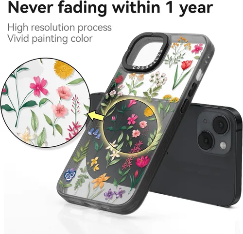 Vista 4 de Carcasa para iPhone 15, diseño de flores naturales, color negro Cute Funny Pattern Design for Girls Women Men, Durable Shockproof 6.1" Phone Case