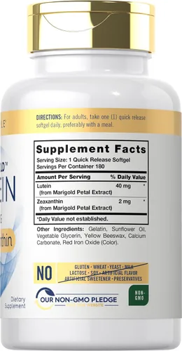 Vista 2 de Suplemento de luteína y zeaxantina Carlyle 40mg 180 cápsulas blandas Píldoras para los ojos Vitaminas para la salud ocular Visi-Gold Sin
