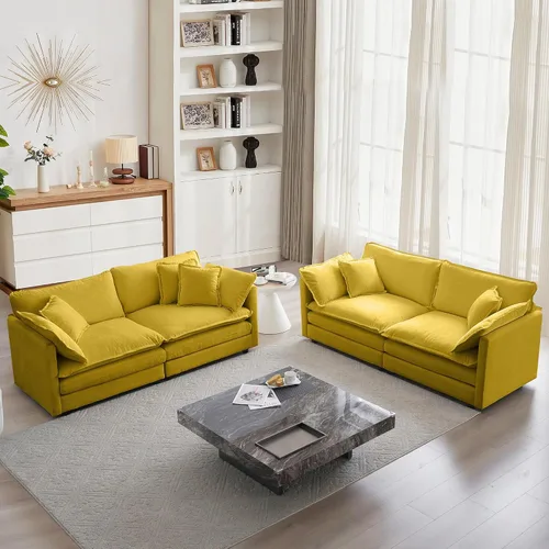 Vista 9 de mikibama Juego de sofá biplaza y sillón de lujo de 2 piezas, moderno juego de sofás nube tapizados de chenilla con 5 almohadas para sala de estar