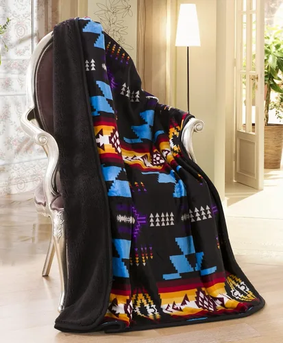 Vista 6 de Southwest Design - Manta con forro de sherpa (estampado Navajo) 16112 color negro