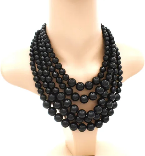 Vista 4 de JNF Collares grandes de perlas de imitación para mujer, collar de perlas de múltiples hebras, pulsera y aretes, collar de perlas para disfraz Negro