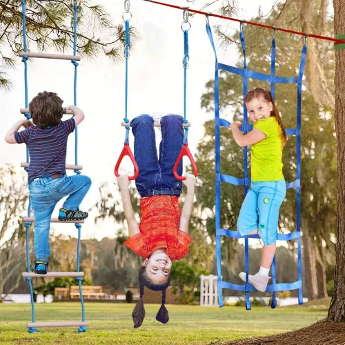 Vista 3 de Dripex - Carrera de obstáculos ninja warrior de 50 pies para niño con accesorios completos, columpio, trapecio, escalera de cuerda, red