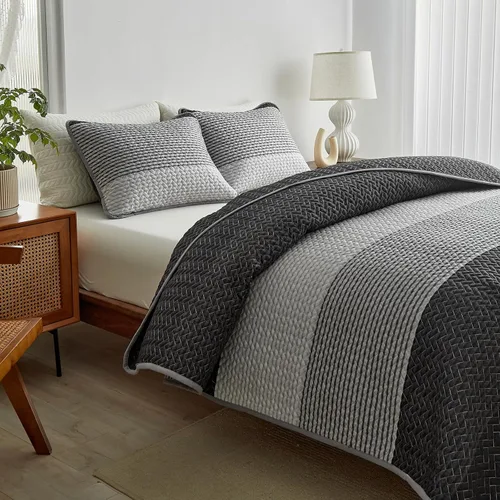 Vista 8 de Flysheep Juego de edredón bohemio gris oscuro tamaño individual para niños, 2 piezas de edredón reversible a rayas blancas sobre negro, colcha
