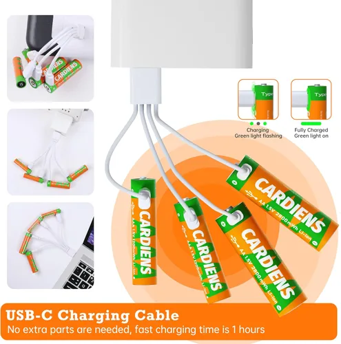 Vista 2 de Paquete combinado de baterías AA y AAA, batería recargable USB, baterías dobles A y triple A de 1.5 V con cable de carga USB-C 4 en 1 e indicador